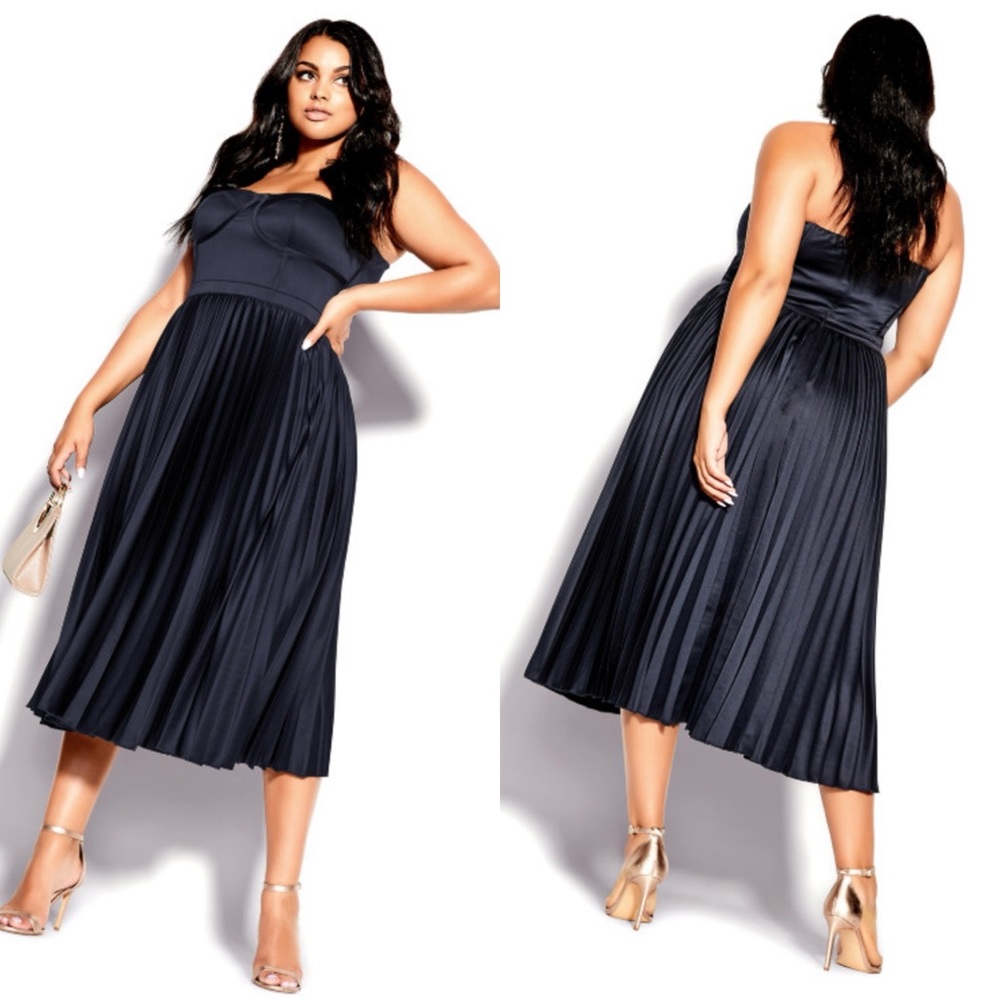 City Chic Navy Pleated Midi Dress